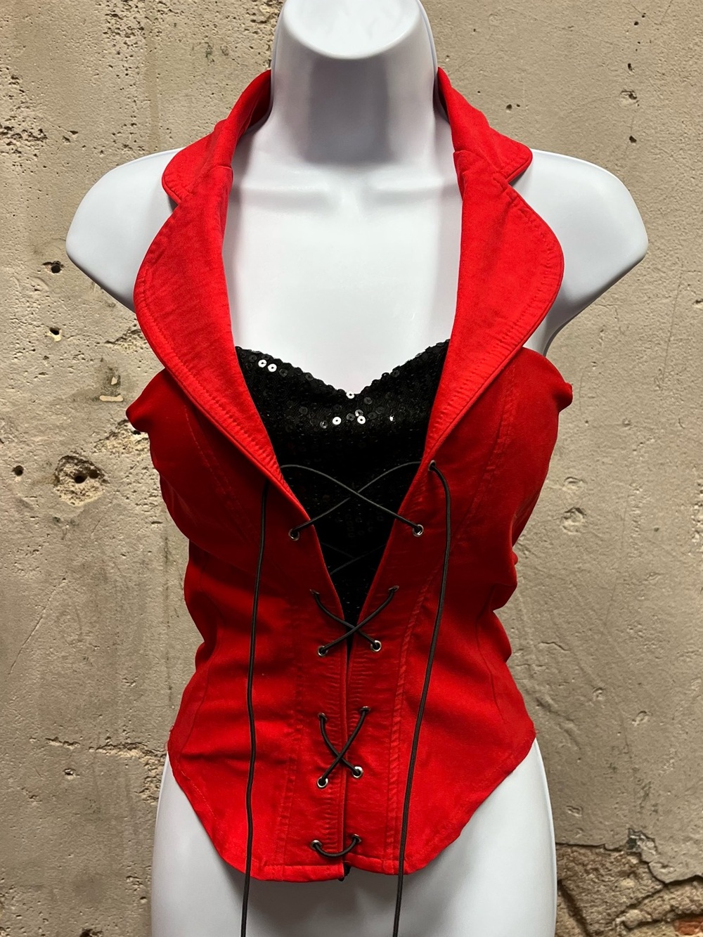 Adriana Vintage Y2K Red Black Sequin Lace Up Backless Halter Top Magician Fitted
